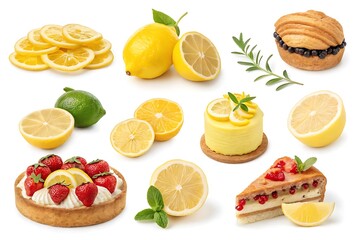 Collection of desserts with lemon slices on top