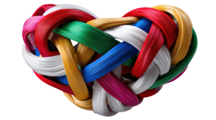 Woven Heart of Colors: A vibrant and intricate heart formed from interwoven colorful ribbons, symbolizing love, unity, and diversity.