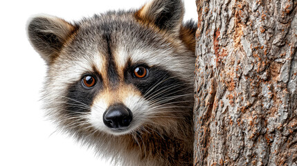 Raccoon Peeking from Behind Tree: A charming raccoon emerges from the side of a textured tree trunk. The photograph encapsulates the adorable innocence of the animal.
