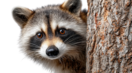 Raccoon Peeking from Behind Tree: A charming raccoon emerges from the side of a textured tree trunk. The photograph encapsulates the adorable innocence of the animal.