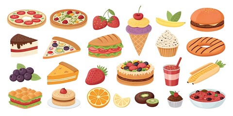 Collection of food items including pizza, sandwiches, cakes, and ice cream