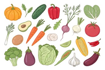 Collection of vegetables and fruits including carrots, broccoli, peppers