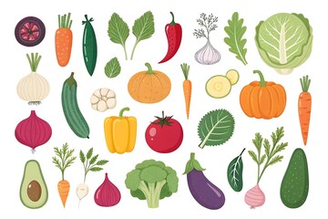 Collection of vegetables and fruits including carrots, broccoli, and tomatoes