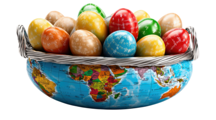 Global Easter Eggs: A vibrant array of colorful eggs rests inside a globe-shaped basket, representing the global celebration of Easter and the interconnectedness of the world.