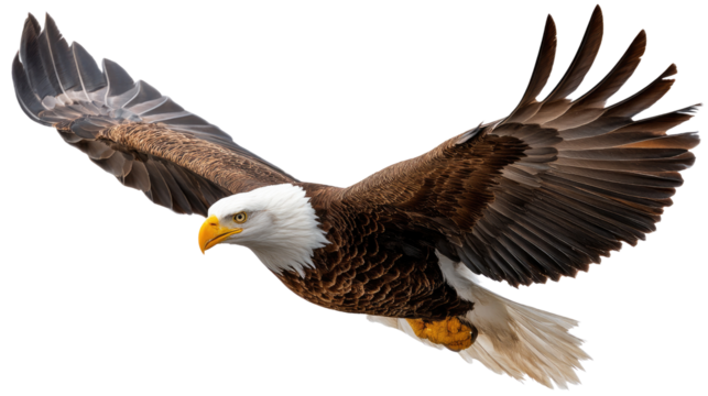 Majestic Eagle Soaring in Flight: Witness the captivating image of a bald eagle in its full glory, mid-flight. Showcasing the bird's powerful wingspan and keen gaze.