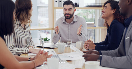 Collaboration, explain and meeting with business people in boardroom of office for discussion. Conversation, project management and planning with employee team in workplace for strategic ideas