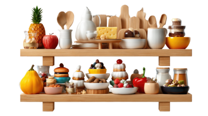 Culinary Composition: A meticulously arranged selection of fresh and delectable food items elegantly presented on a wooden shelf. This composition is a celebration of the art of food.