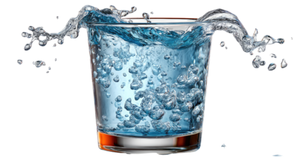 Sparkling Water Explosion in a Glass: A high-speed moment capturing the dynamic splash of water erupting from a crystal glass, highlighting the refreshment and purity of clear water.