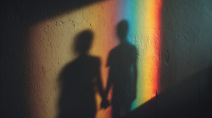 Shadows of couple holding hands against rainbow light on wall