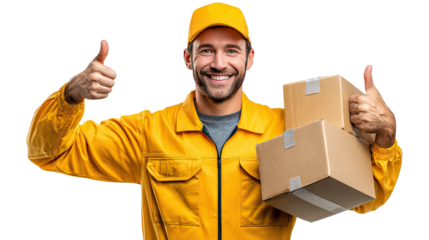 The Joyful Delivery: A delivery worker, radiating positivity, beams as he holds parcels, delivering joy and convenience to your doorstep.