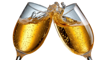 Champagne Toast of Celebration: Two champagne glasses clink in a joyous toast, a perfect symbol of celebration and elegance, the golden bubbles rising in the light.