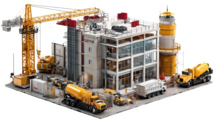 Modern Construction Site: A detailed view of a modern construction site, featuring a tower crane, heavy machinery, and the beginning of a building, depicting growth and development.