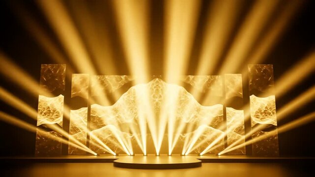 Golden award stage with shining spotlights and star-shaped decorations at an Awards Evening.