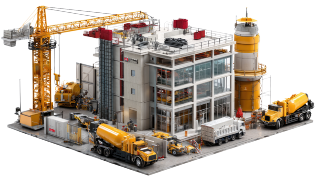 Modern Construction Site: A detailed view of a modern construction site, featuring a tower crane, heavy machinery, and the beginning of a building, depicting growth and development. - Powered by Adobe