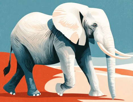 Stylized elephant, walking on a sandy landscape