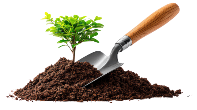 Nurturing Life's Beginnings: A young sapling emerges from rich soil, with a gardening trowel resting beside, symbolizing growth, renewal, and the care required to cultivate life's potential.
