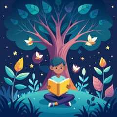 Enchanted Forest Reading Child Vector Illustration