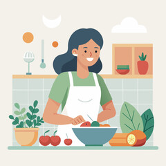 Young Woman Preparing Healthy Salad Vector Illustration