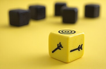 Close-up of a yellow die with black target and arrow symbols, surrounded by black dice on a yellow background