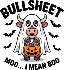 BULLSHEET – Funny Highland Cow Halloween Ghost with Pumpkin Candy Bucket Vector Illustration