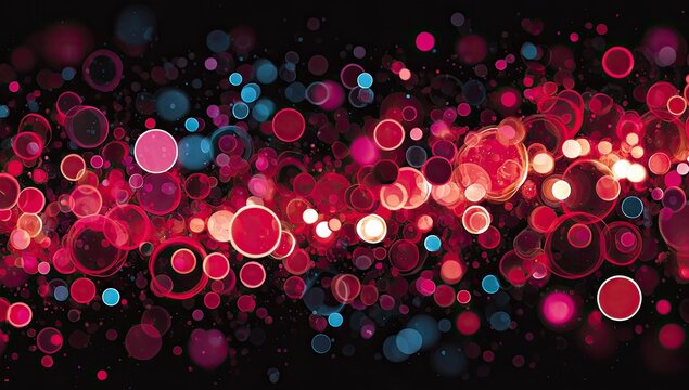 Abstract background of swirling, vibrant circles in shades of red, pink, and blue, against a dark backdrop