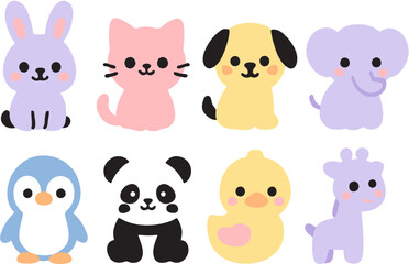 Cute cartoon animals illustration featuring a bunny, kitten, puppy, elephant, penguin, panda, duck, and giraffe in pastel colors, perfect for kids’ designs, decor, and prints.