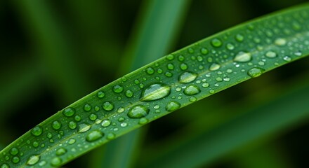 Close up of a green leaf with water drops, showcasing the beauty of nature and freshness