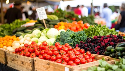 Vibrant produce displayed in wooden crates at a bustling outdoor market