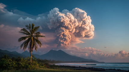 Volcanic eruption in a tropical setting. A massive, towering plume of ash and smoke rises high into the sky, glowing with the light of the setting sun.