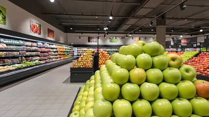 Apples at supermarket. Green apples pyramid display with red apples at grocery store, fresh produce. Food retail for health, sale promo, marketing, healthy eating concept. - Powered by Adobe