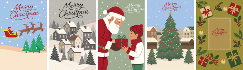 Set of 5 Christmas Vector Posters – Santa Claus, Winter Village, Christmas Gift , Christmas Tree, Holiday , for greeting cards, festive flyers, posters, gift tags, and seasonal marketing materials.