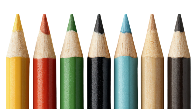 Close-up of colorful wooden pencils in a row against a transparent background image