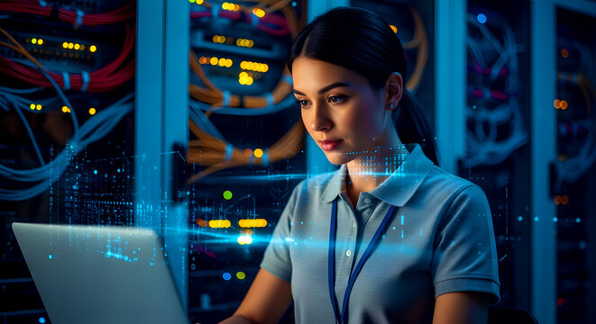 Female IT professional working on laptop in server room with data visualization.