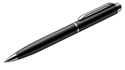 Elegant black ballpoint pen with silver accents on a transparent background studio shot