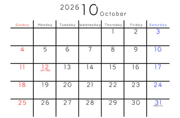 2026年10月　シンプルカレンダー 曜日 英語
