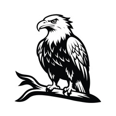 Majestic bald eagle perched on a weathered rugged tree branch with intricate linework detail