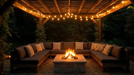 Outdoor patio with fireplace at night with string lights and garden scenery