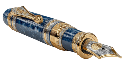 Exquisite Fountain Pen with Intricate Gold and Silver Detailing on transparent background