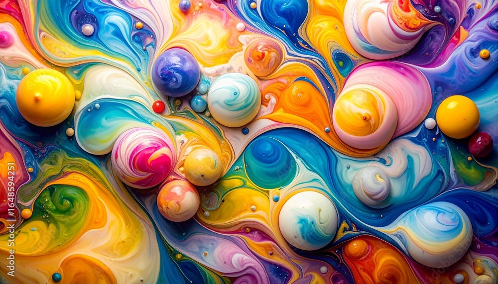 Poster a vibrant and swirling abstract painting features a mesmerizing array of colorful orbs and fluid tex