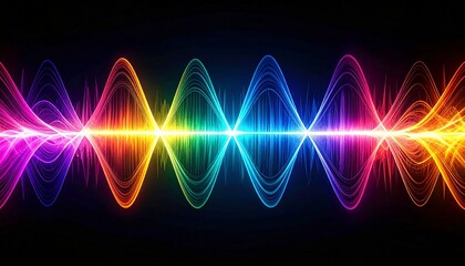 A vibrant display of colorful sine waves interweave, creating an electrifying and dynamic visual representation of frequencies against a solid black background.