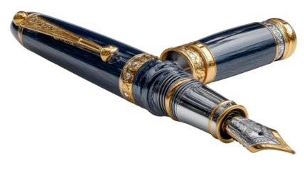 Exquisite handcrafted fountain pen with luxurious gold accents on a transparent background