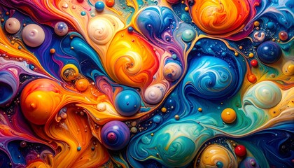 An abstract and vibrant design featu swirling rainbow colors with blue, orange, purple, yellow, and teal creating a stunning visual fantasy background.