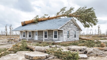 Fototapeta premium Tree Falls on House After Storm Damaged Home After Hurricane for Insurance Disaster Relief
