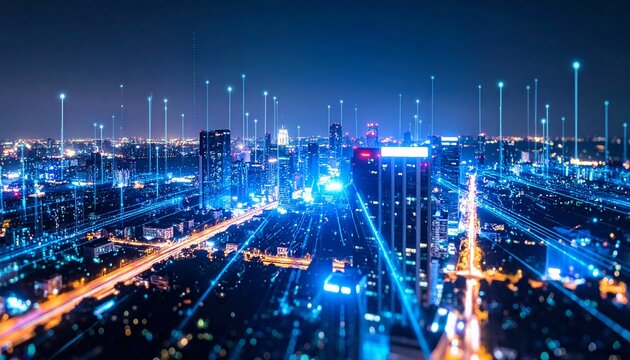 Night aerial cityscape shows glowing data connections forming a vibrant network across urban buildings, symbolizing modern technology and communication, worldwide.