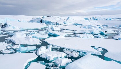 Aerial view reveals stunning icebergs and turquoise meltwater pools scattered across a vast, icy landscape under a partly cloudy sky in the antarctic region.