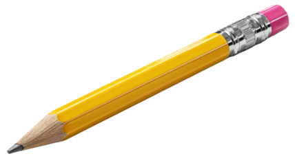 Precise detailed image of a yellow pencil with eraser on a transparent background