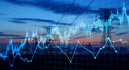 Power Grid and City Skyline with Digital Financial Data Overlay at Sunset.