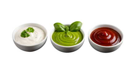 Three small white ceramic bowls filled with creamy white sauce green pesto and red ketchup isolated on transparent background
