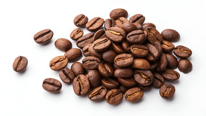 Naklejka premium Pile coffee beans isolated on white background and texture, top view