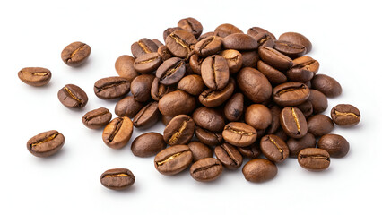 Pile coffee beans isolated on white background and texture, top view